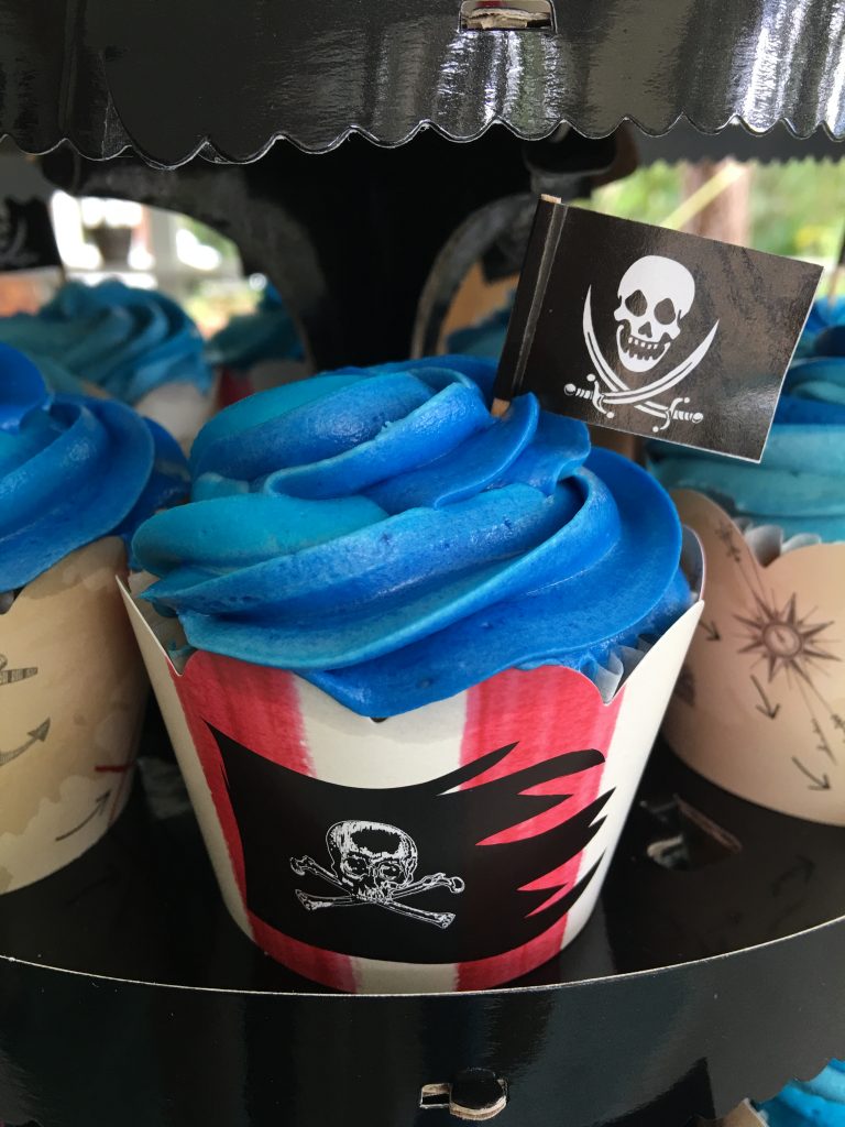 These pirate cupcakes complete with Jolly Roger for our pirate birthday party were a huge hit!